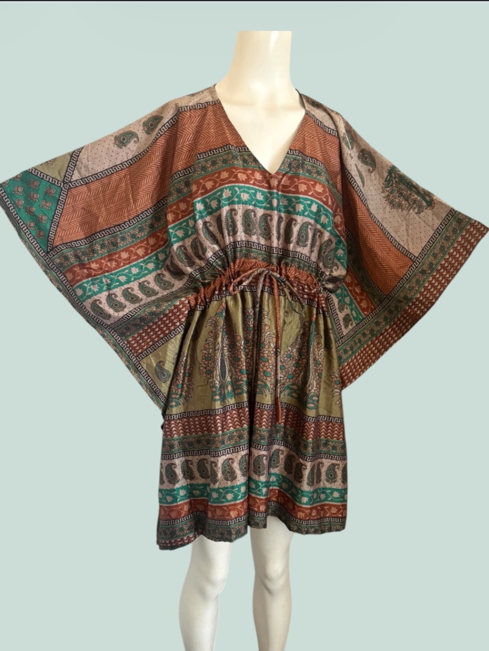 Darn Good Yarn Silk Paisley Aanya Short Kaftan Dress O/S Reclaimed Sari Fabric